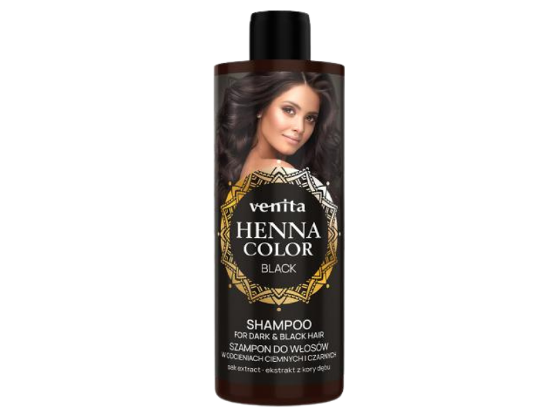 Zdjęcie przedstawia kosmetyk VENITA Henna Color Szampon do włosów w odcieniach ciemnych i czarnych - Black.