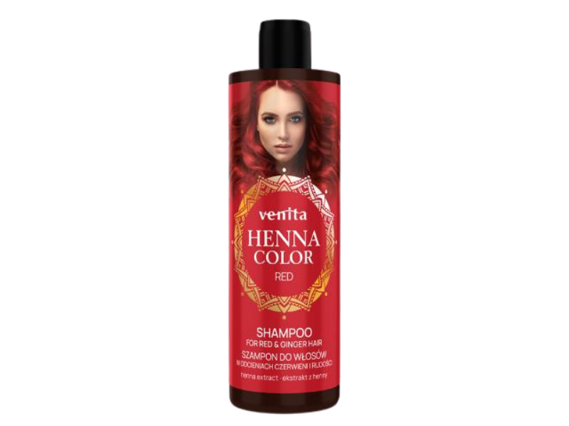 Zdjęcie przedstawia kosmetyk VENITA Henna Color Szampon do włosów w odcieniach czerwieni i rudości.