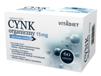 Zdjęcie przedstawia suplement diety VITADIET Cynk organiczny, tabletki, 15 mg.