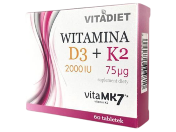 Zdjęcie przedstawia suplement diety VITADIET Witamina D3 2000 IU + K2 75 µg, tabletki.