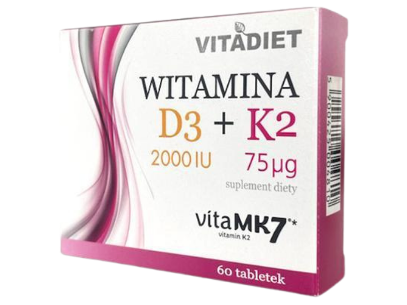 Zdjęcie przedstawia suplement diety VITADIET Witamina D3 2000 IU + K2 75 µg, tabletki.