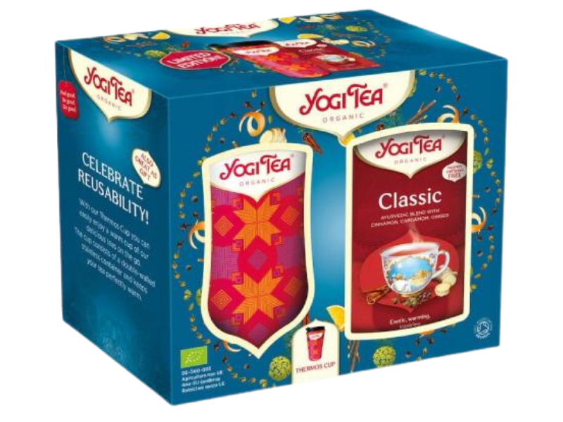Zdjęcie przedstawia YOGI TEA Zestaw kubek termiczny z herbatą Classic, zioła do zaparzania.
