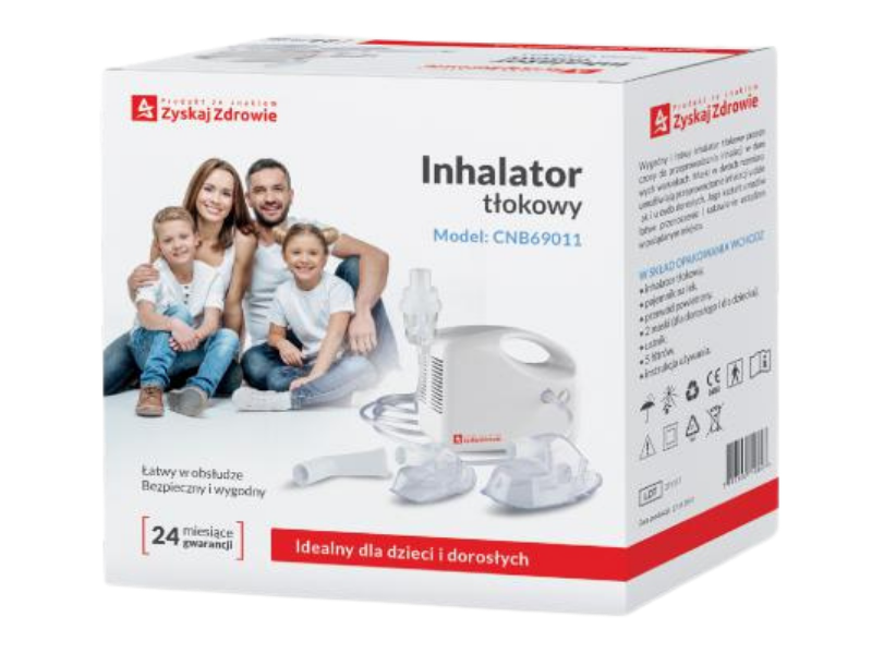 Zdjęcie przedstawia wyrób medyczny ZYSKAJ ZDROWIE Inhalator tłokowy CNB69011, inhalator/nebulizator.