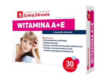 Zdjęcie przedstawia suplement diety ZYSKAJ ZDROWIE Witamina A+E, kapsułki miękkie.
