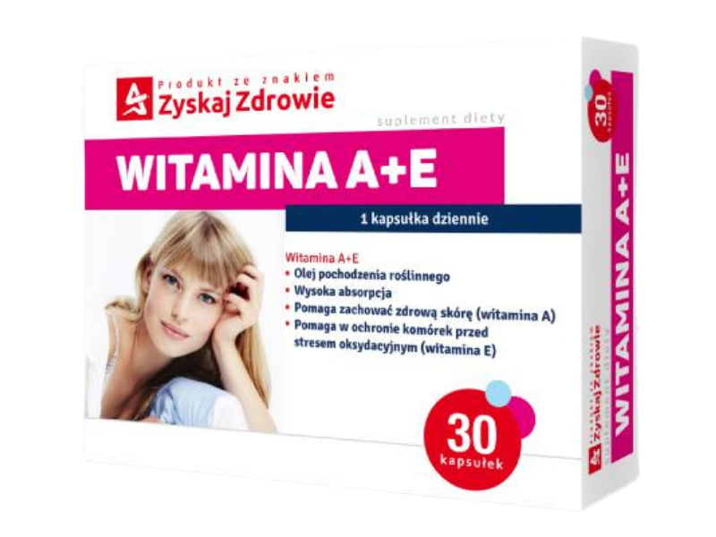 Zdjęcie przedstawia suplement diety ZYSKAJ ZDROWIE Witamina A+E, kapsułki miękkie.
