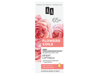 Zdjęcie przedstawia dermokosmetyk AA Flowers & Oils 65+ przeciwzmarszczkowy na okolice oczu i ust, krem.