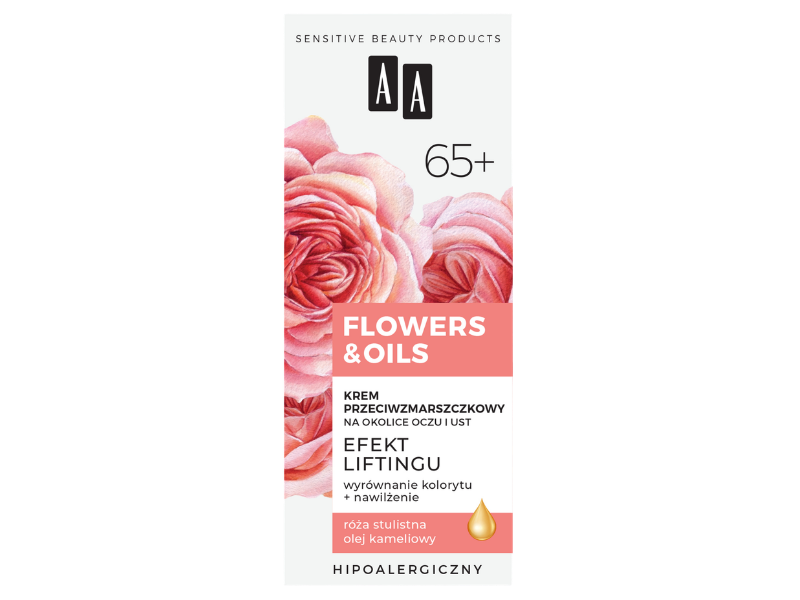 Zdjęcie przedstawia dermokosmetyk AA Flowers & Oils 65+ przeciwzmarszczkowy na okolice oczu i ust, krem.