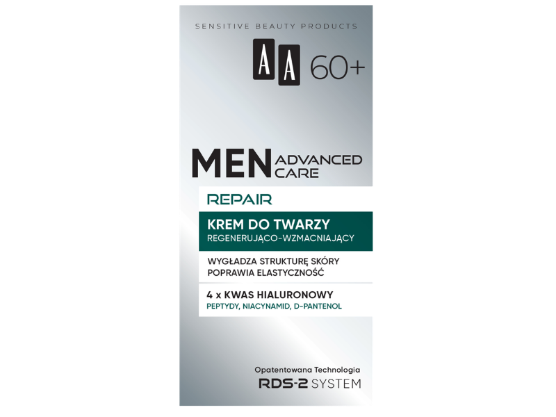 Zdjęcie przedstawia kosmetyk AA Men Advanced Care Repair 60+ regenerująco-wzmacniający, krem.