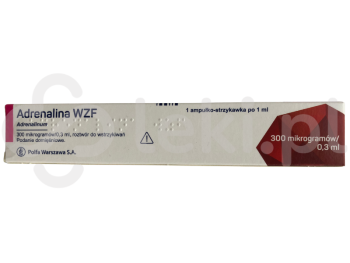 Zdjęcie przedstawia lek na receptę Adrenalina WZF, roztwór do wstrzykiwań, 300 μg/0,3 ml.