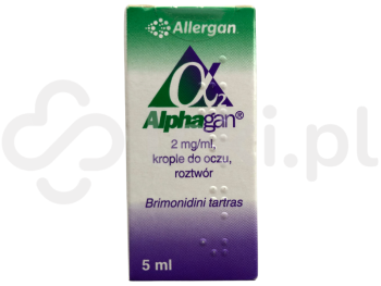 Zdjęcie przedstawia lek na receptę Alphagan, krople do oczu, roztwór, 2 mg/ml.