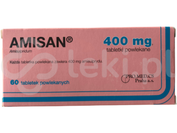 Zdjęcie przedstawia lek na receptę Amisan, tabletki powlekane, 400 mg.