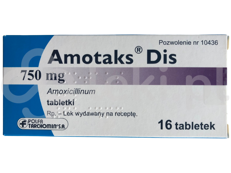 Zdjęcie przedstawia lek na receptę Amotaks Dis, tabletki, 750 mg.