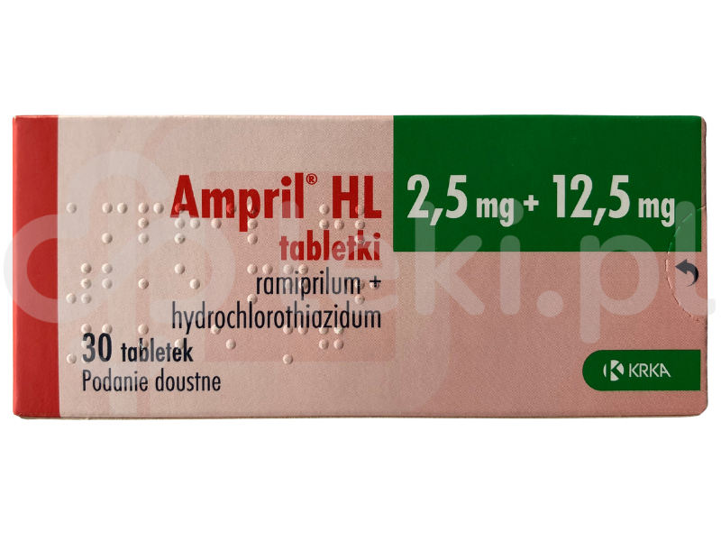 Zdjęcie przedstawia lek na receptę Ampril HL, tabletki, 2,5 mg + 12,5 mg.