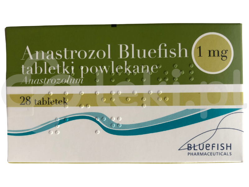 Zdjęcie przedstawia lek na receptę Anastrozol Bluefish, tabletki powlekane, 1 mg.