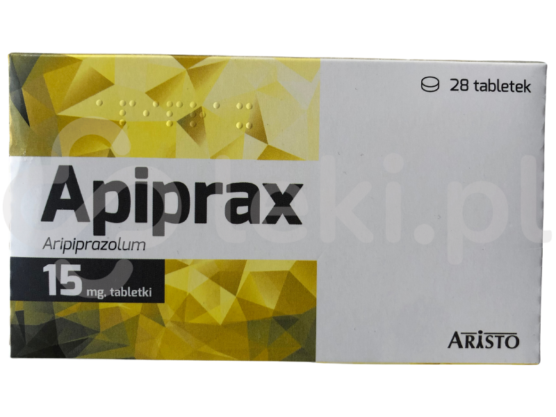 Zdjęcie przedstawia lek na receptę Apiprax, tabletki, 15 mg.