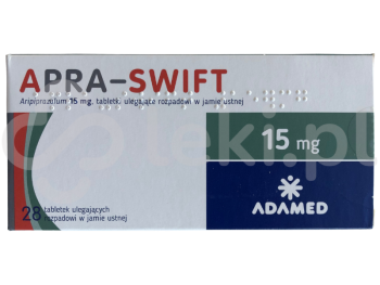 Zdjęcie przedstawia lek na receptę Apra-swift, tabletki ulegające rozpadowi w jamie ustnej, 15 mg.