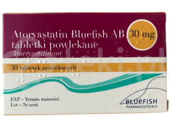 Zdjęcie przedstawia lek na receptę Atorvastatin Bluefish AB, tabletki powlekane, 30 mg.