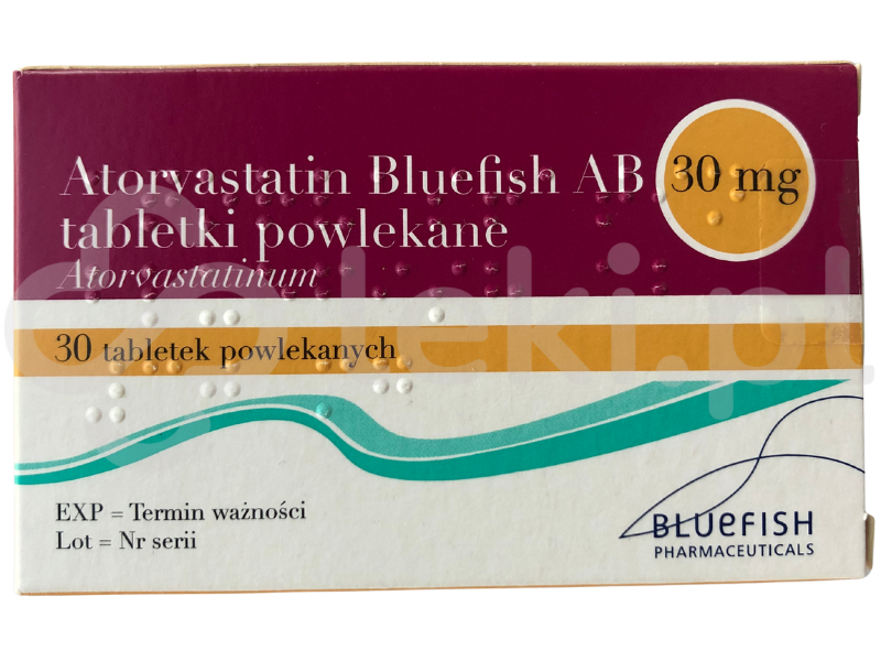 Zdjęcie przedstawia lek na receptę Atorvastatin Bluefish AB, tabletki powlekane, 30 mg.