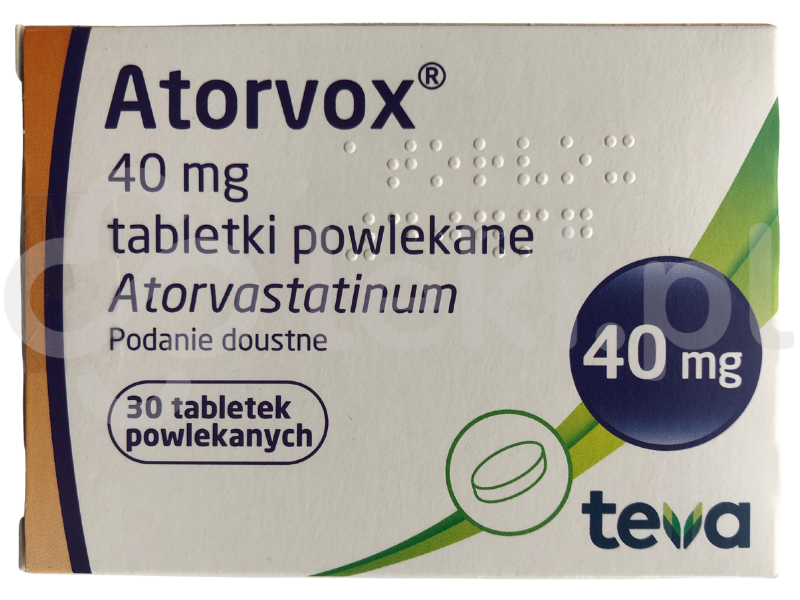 Zdjęcie przedstawia lek na receptę Atorvox, tabletki powlekane, 40 mg.