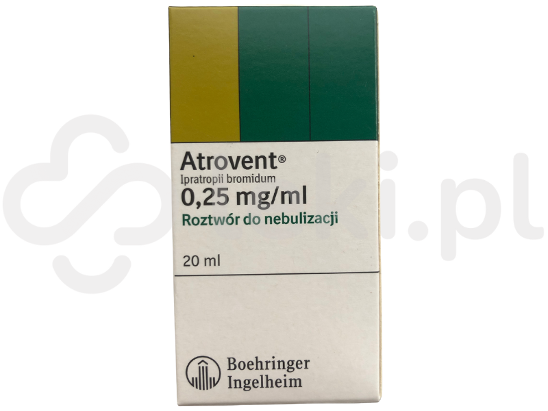 Zdjęcie przedstawia lek na receptę Atrovent, płyn do inhalacji z nebulizatora, 250 µg/ml.