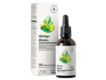 Zdjęcie przedstawia suplement diety Aura Herbals Ginkgo biloba, ekstrakt miłorząb japoński, płyn.