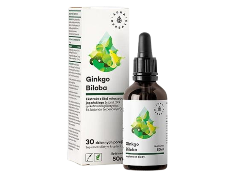 Zdjęcie przedstawia suplement diety Aura Herbals Ginkgo biloba, ekstrakt miłorząb japoński, płyn.