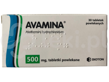 Zdjęcie przedstawia lek na receptę Avamina, tabletki powlekane, 500 mg.
