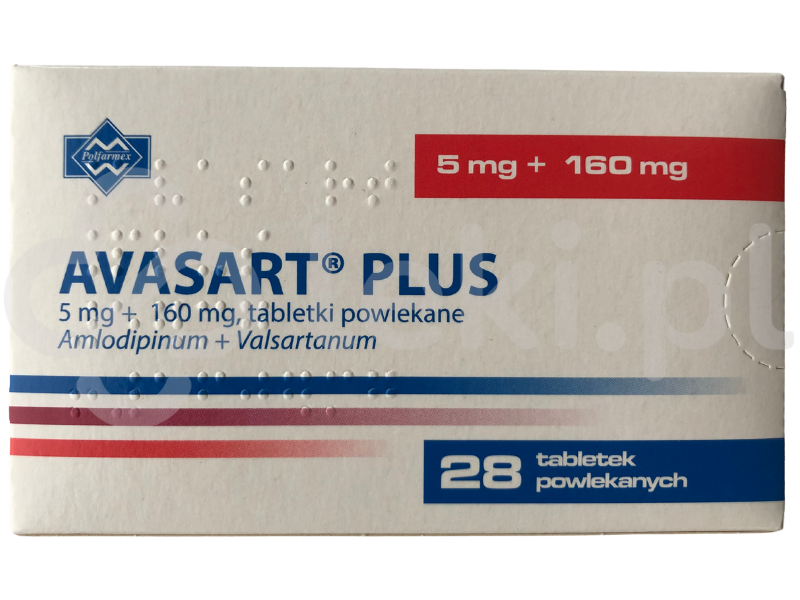 Zdjęcie przedstawia lek na receptę Avasart Plus, tabletki powlekane, 5 mg + 160 mg.