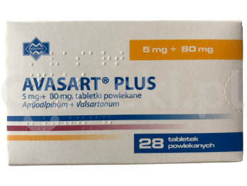 Zdjęcie przedstawia lek na receptę Avasart Plus, tabletki powlekane, 5 mg + 80 mg.