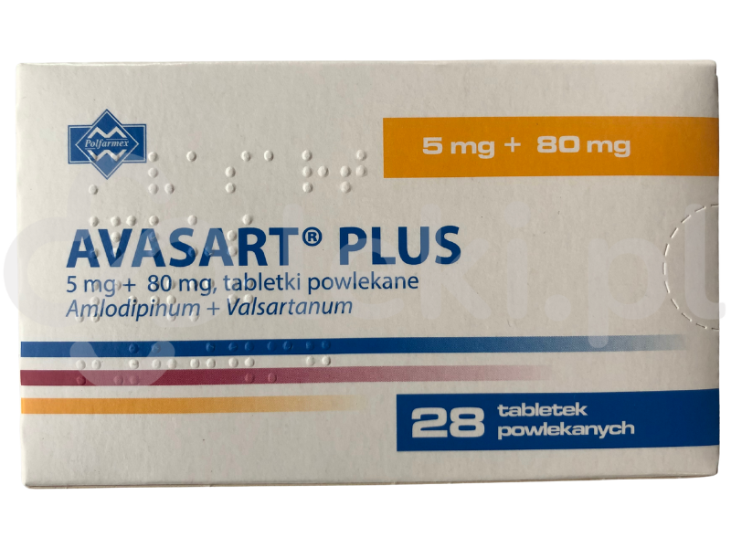 Zdjęcie przedstawia lek na receptę Avasart Plus, tabletki powlekane, 5 mg + 80 mg.