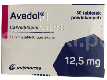 Zdjęcie przedstawia lek na receptę Avedol, tabletki powlekane, 12,5 mg.