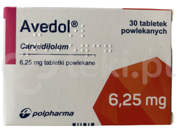 Zdjęcie przedstawia lek na receptę Avedol, tabletki powlekane, 6,25 mg.