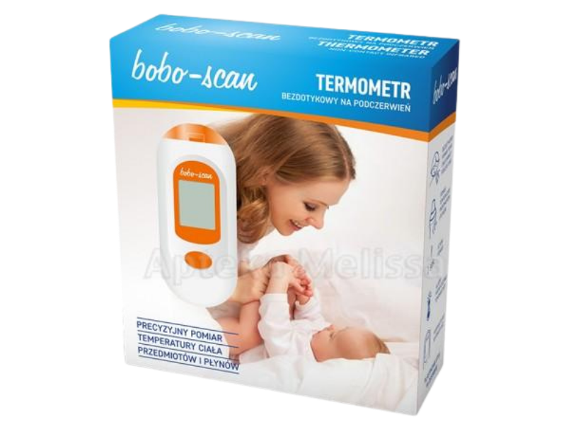 Zdjęcie przedstawia wyrób medyczny BOBO-SCAN bezdotykowy na podczerwień, termometr.