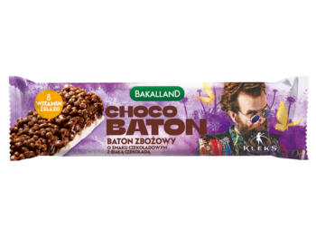 Zdjęcie przedstawia środek spożywczy Bakalland KLEKS Choco baton zbożowy o smaku czekoladowym z białą czekoladą.