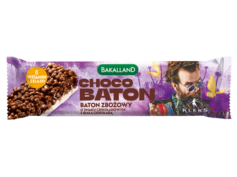 Zdjęcie przedstawia środek spożywczy Bakalland KLEKS Choco baton zbożowy o smaku czekoladowym z białą czekoladą.