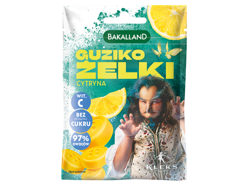 Zdjęcie przedstawia środek spożywczy Bakalland KLEKS Guziko cytrynowe, żelki.