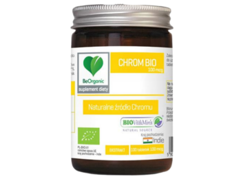 Zdjęcie przedstawia suplement diety BeOrganic Chrom BIO, tabletki.