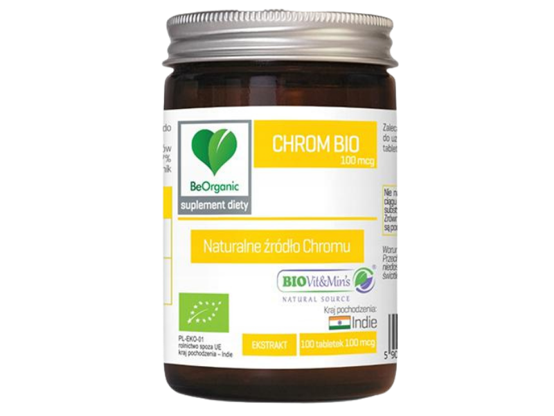 Zdjęcie przedstawia suplement diety BeOrganic Chrom BIO, tabletki.