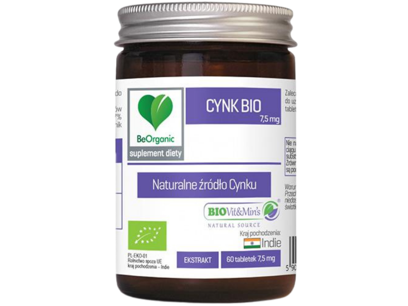 Zdjęcie przedstawia suplement diety BeOrganic Cynk Bio, tabletki.