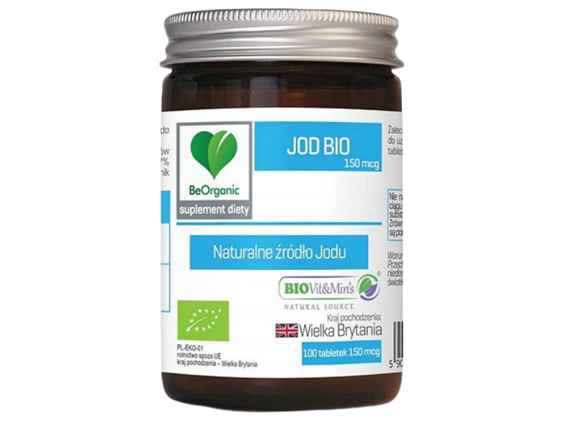 Zdjęcie przedstawia suplement diety BeOrganic Jod BIO, tabletki, 150 µg.