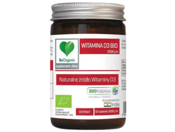 Zdjęcie przedstawia suplement diety BeOrganic Witamina D3 BIO, tabletki.