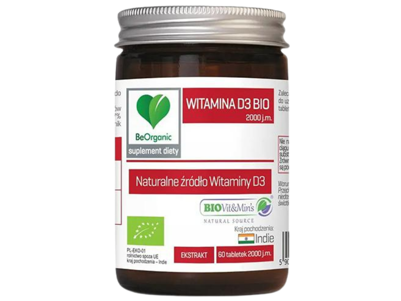 Zdjęcie przedstawia suplement diety BeOrganic Witamina D3 BIO, tabletki.
