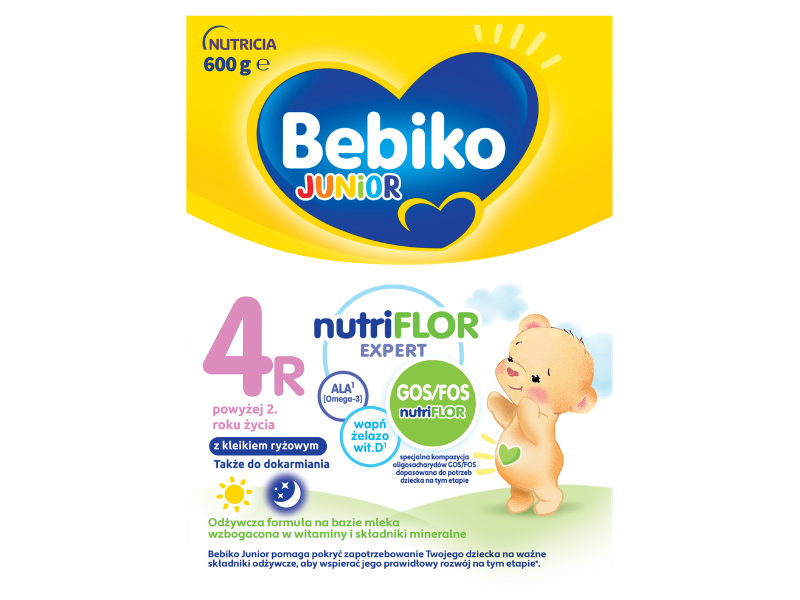 Zdjęcie przedstawia środek spożywczy Bebiko Junior 4R NUTRIflor Expert z kleikiem ryżowym powyżej 2. roku życia, proszek.