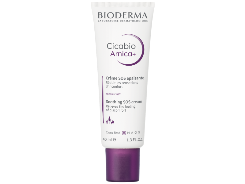 Zdjęcie przedstawia dermokosmetyk Bioderma Cicabio Arnica+ krem regenerujący do skóry z obrzękami, siniakami i po stłuczeniach.