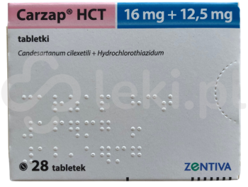 Zdjęcie przedstawia lek na receptę Carzap HCT, tabletki, 16 mg + 12,5 mg.