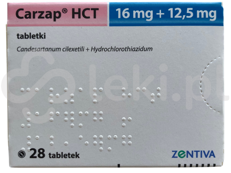 Zdjęcie przedstawia lek na receptę Carzap HCT, tabletki, 16 mg + 12,5 mg.