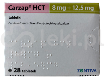 Zdjęcie przedstawia lek na receptę Carzap HCT, tabletki, 8 mg + 12,5 mg.