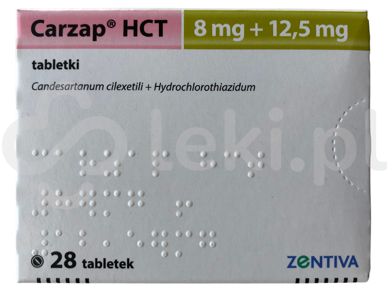 Zdjęcie przedstawia lek na receptę Carzap HCT, tabletki, 8 mg + 12,5 mg.