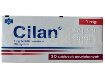 Zdjęcie przedstawia lek na receptę Cilan, tabletki powlekane, 1 mg.