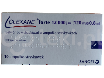 Zdjęcie przedstawia lek na receptę Clexane forte, roztwór do wstrzykiwań, 120 mg/0,8 ml.
